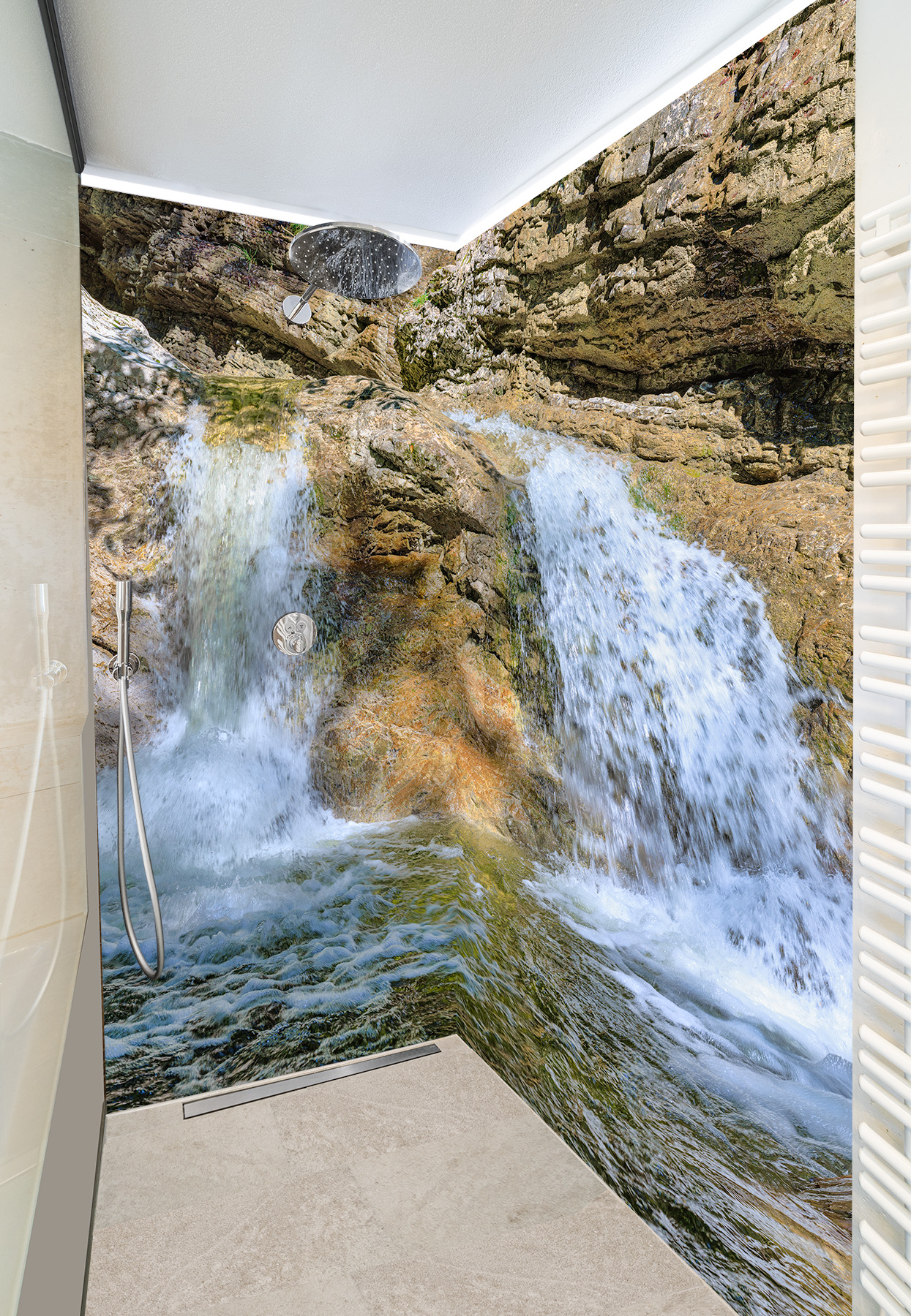 Duschkabine mit Fotomotiv - doppelter Wasserfall mit zwei Seiten