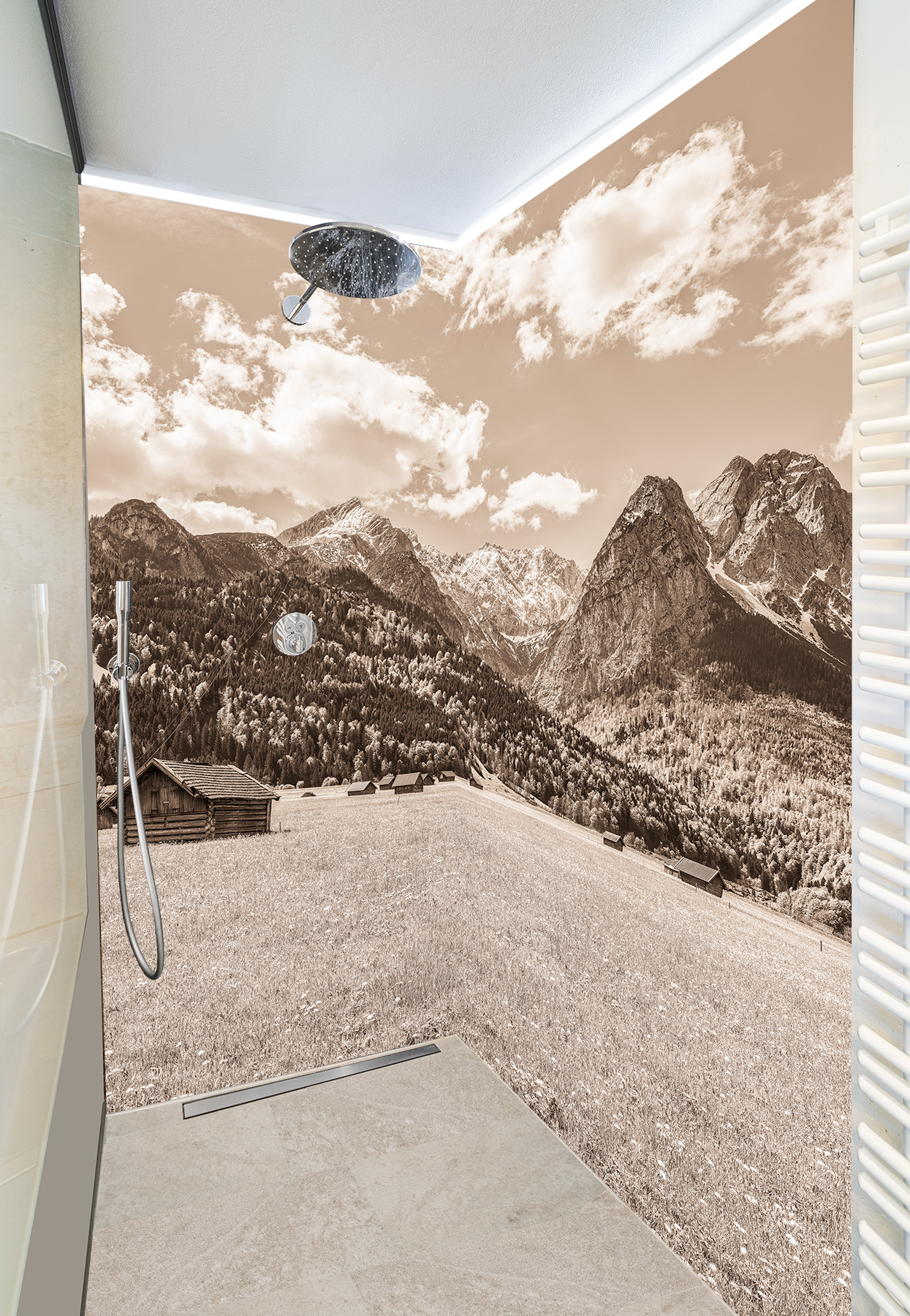 Duschkabine mit Fotomotiv - Wiese in Garmisch-Partenkirchen mit Alpspitze - sepia