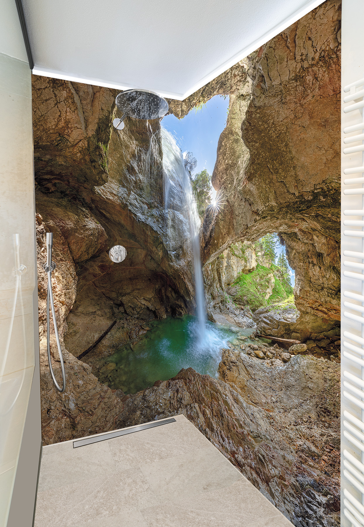 Duschkabine mit Fotomotiv - Wasserfall mit Höhle - groß
