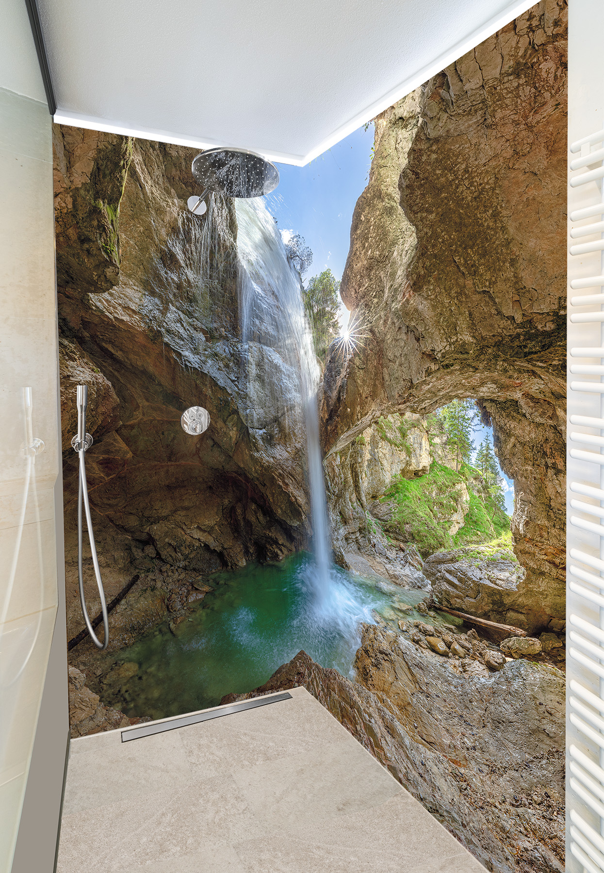 Duschkabine mit Fotomotiv - Wasserfall mit Höhle