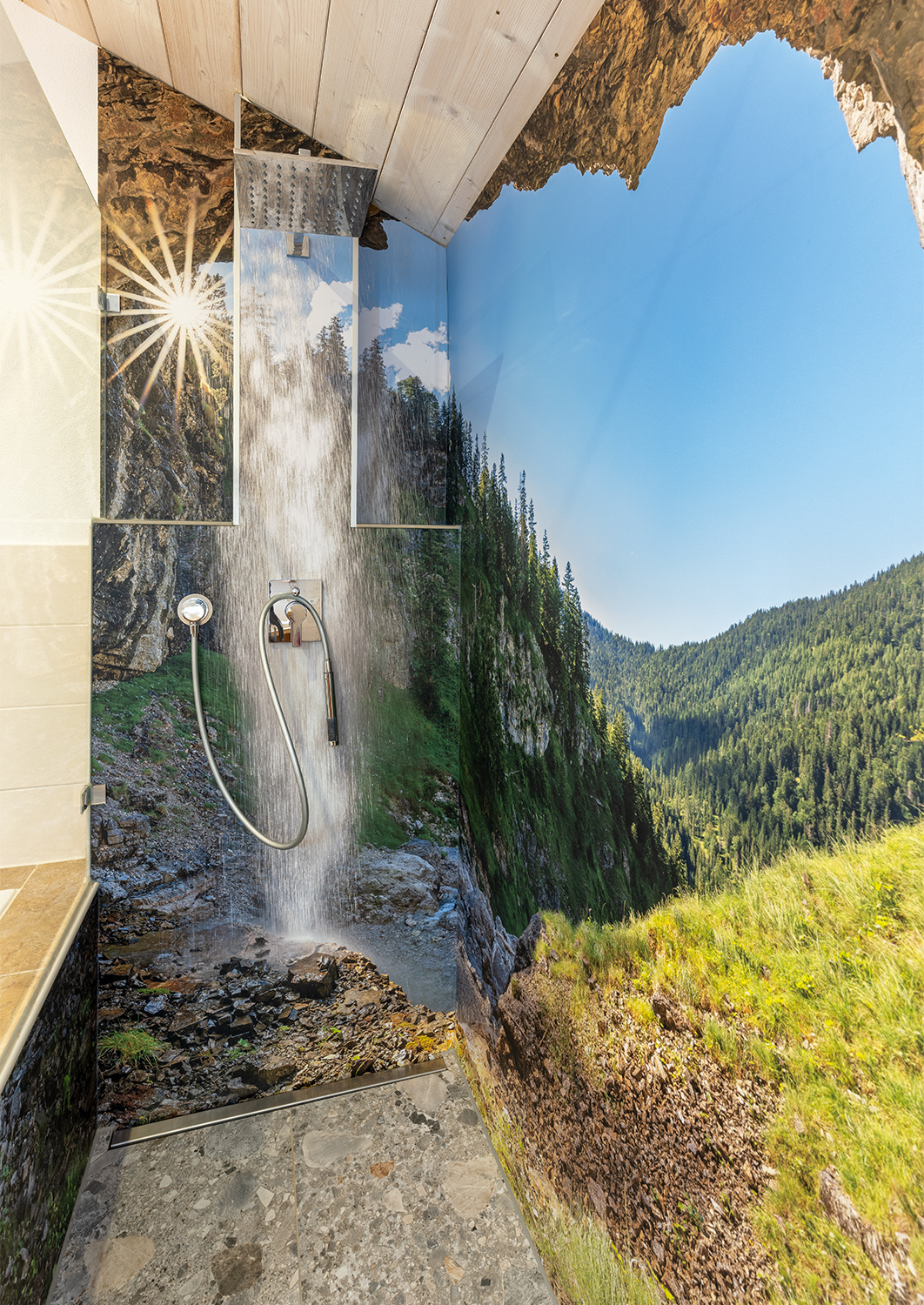 Duschkabine mit Fotomotiv - Wasserfall mit Ausblick