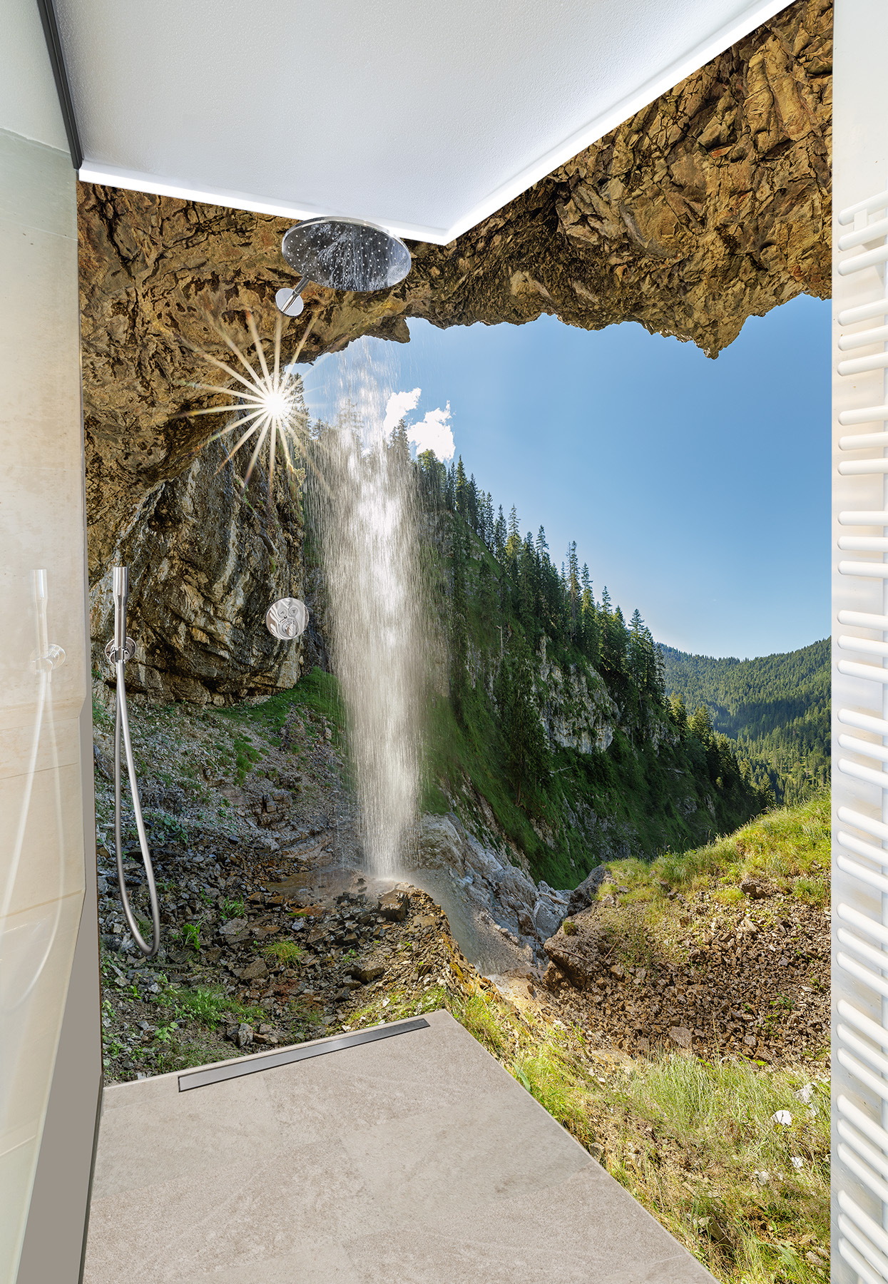 Duschkabine mit Fotomotiv - Wasserfall mit Ausblick