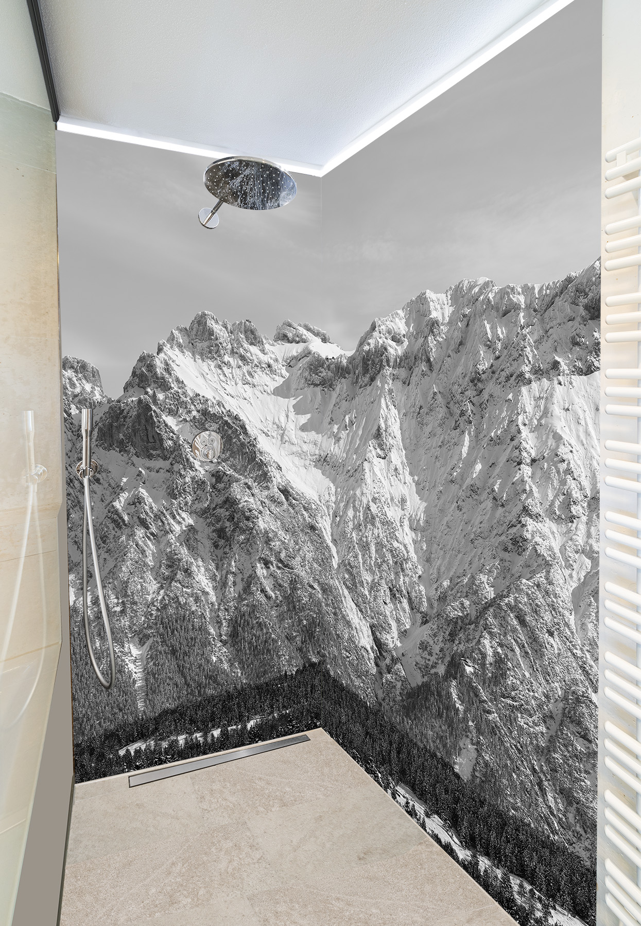 Duschkabine mit Fotomotiv - Karwendel schwarz-weiss