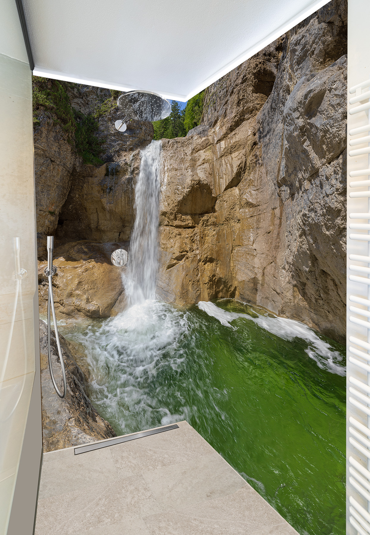 Duschwand mit Fotomotiv - Estergebirge Wasserfall Pool Alpen