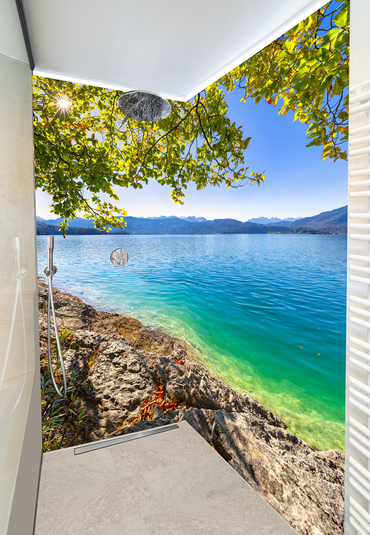 Duschkabine mit Fotomotiv - Walchensee Frühherbst mit Sonne. Idylle am Walchensee mit dem türkisfarbenen Wasser