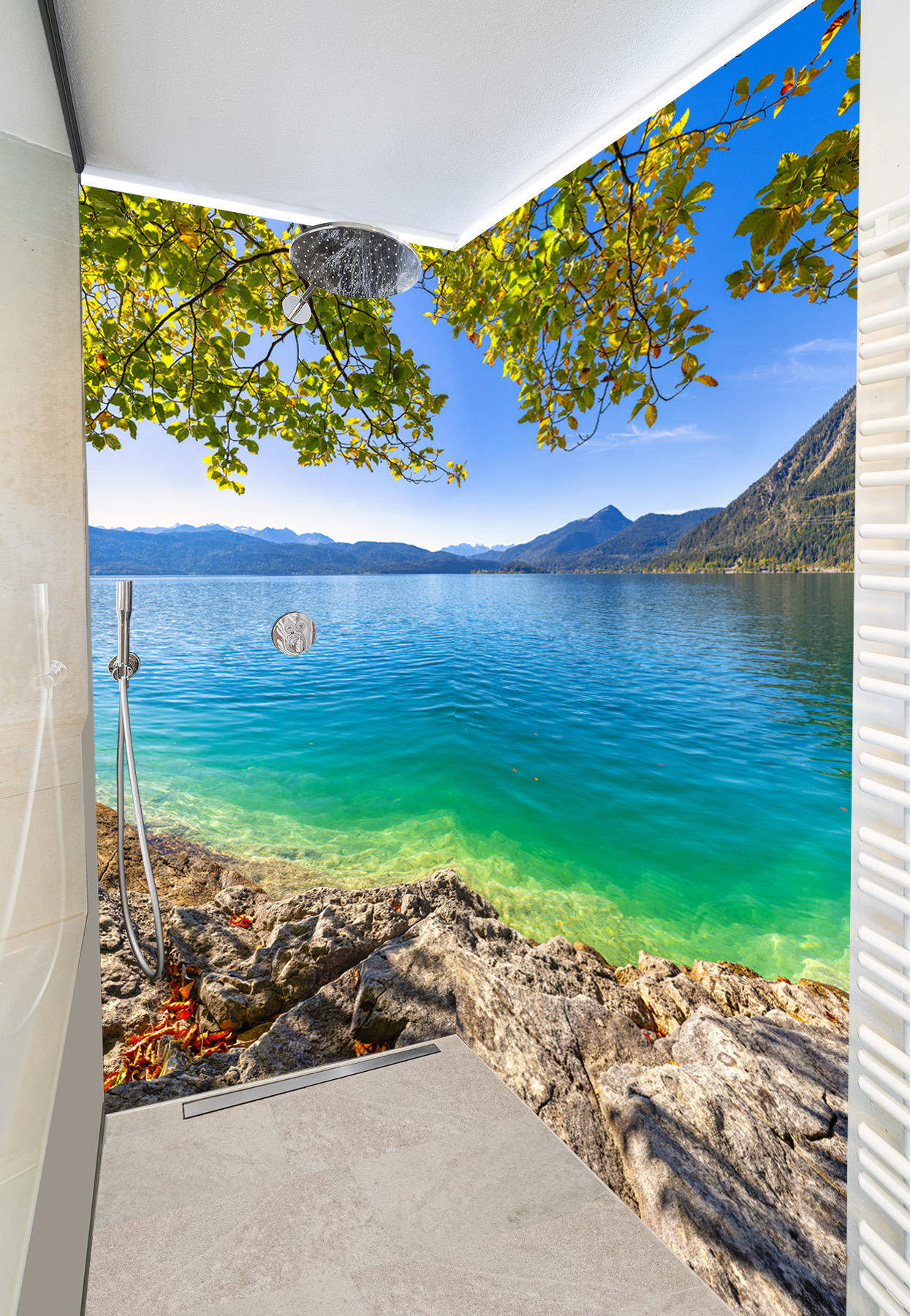 Duschkabine mit Fotomotiv - Walchensee Frühherbst. Idylle am Walchensee mit dem türkisfarbenen Wasser