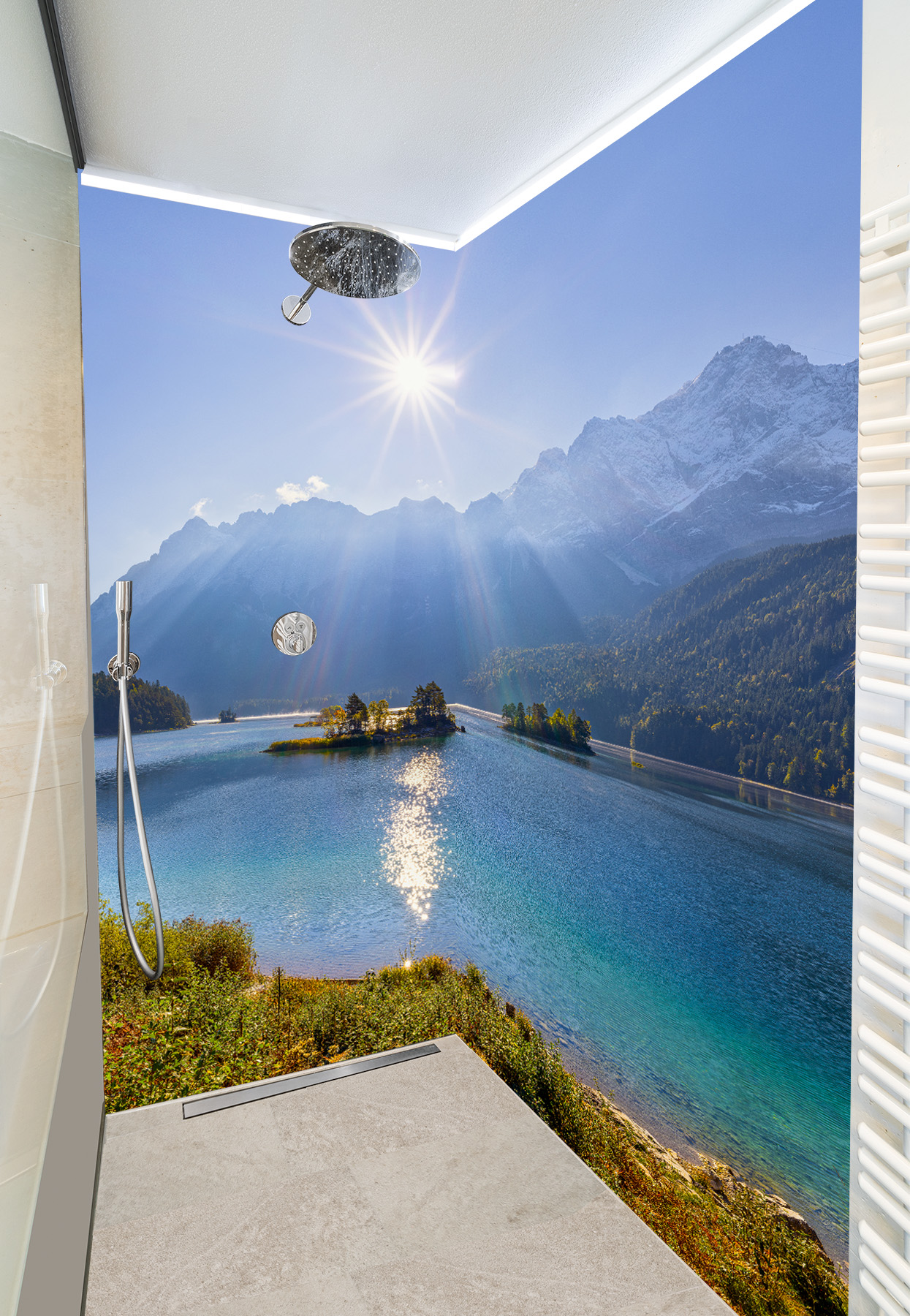 Dusche mit Fotomotiv - Eibsee mit Inseln - Zugspitze