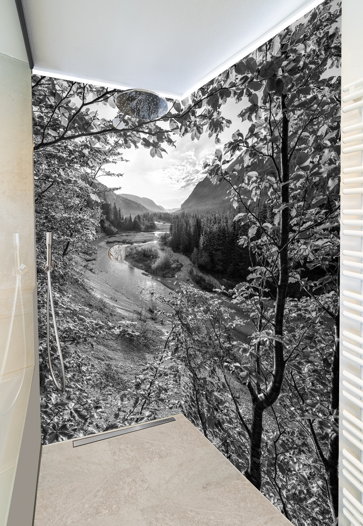 Duschkabine mit Fotomotiv - Isar Frühling mit Laubrahmen sw