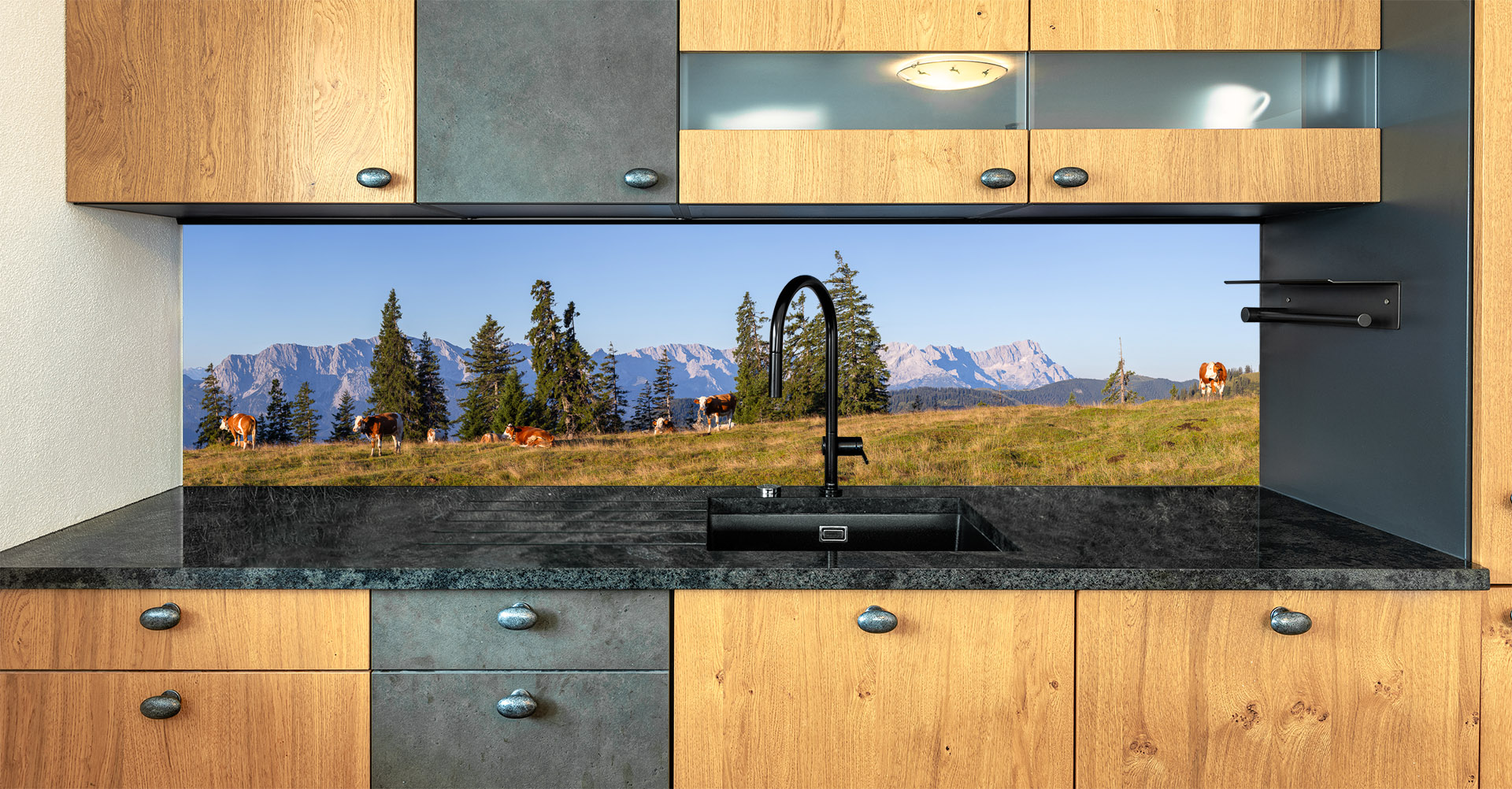 Motiv für eine Küchenrückwand - Panoramawiese auf der Alm mit Kälbern und Zugspitze