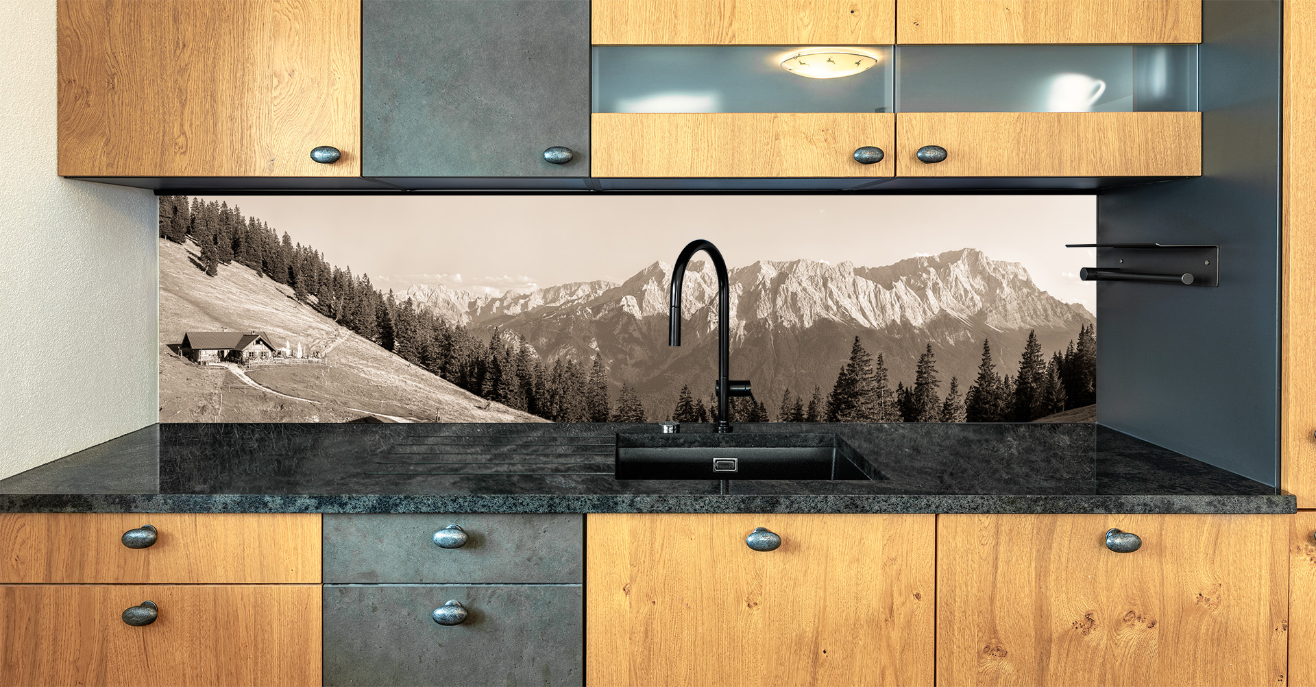 Motiv für eine Küchenrückwand - Stepbergalm - sepia mit Alpspitze und Zugspitze