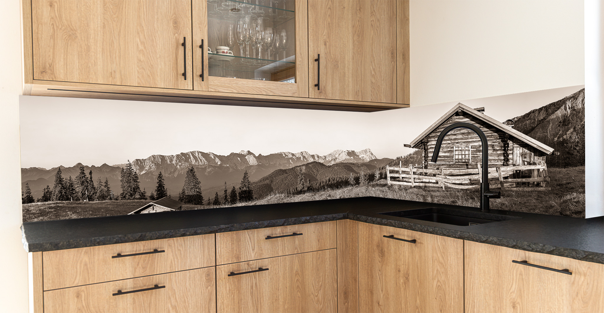 Motiv für eine Küchenrückwand - Morgen an der Krüner Alm sepia